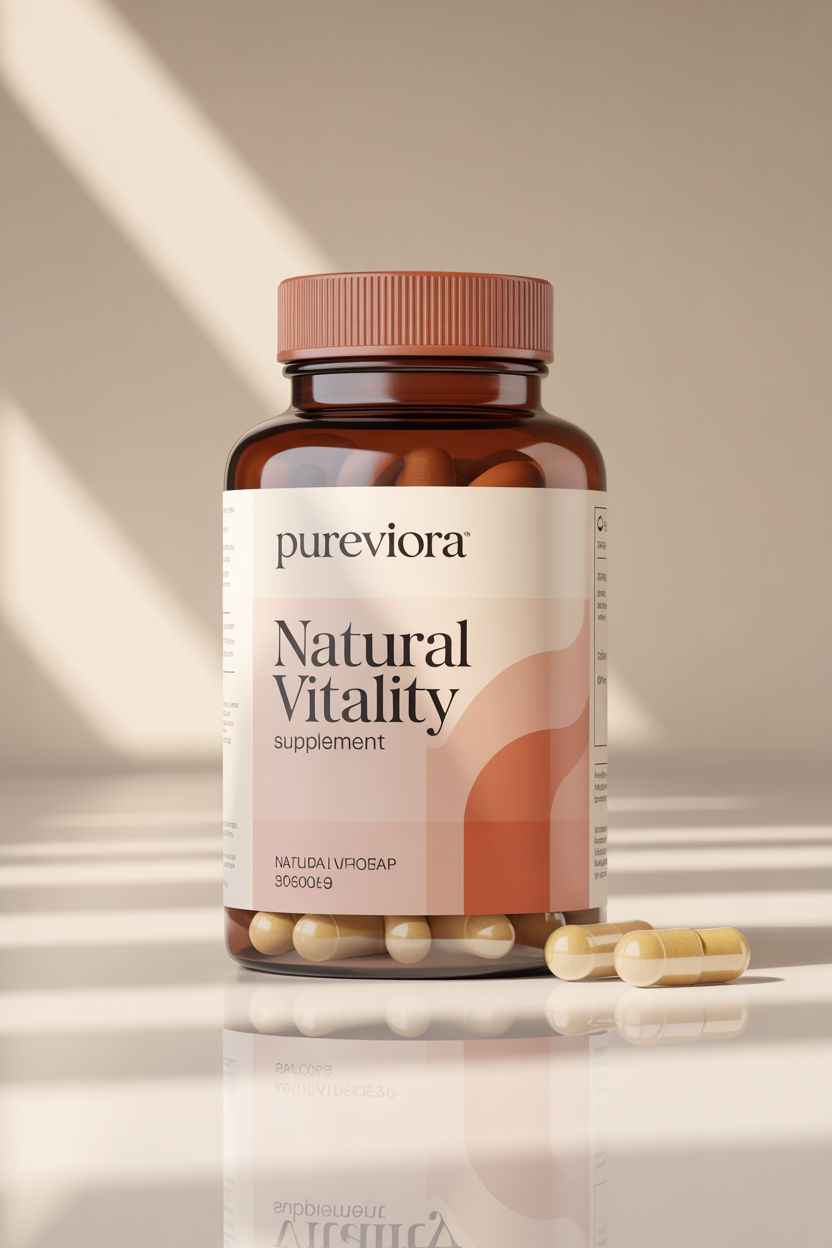 Pureviora food supplement bottle and capsules, product packaging